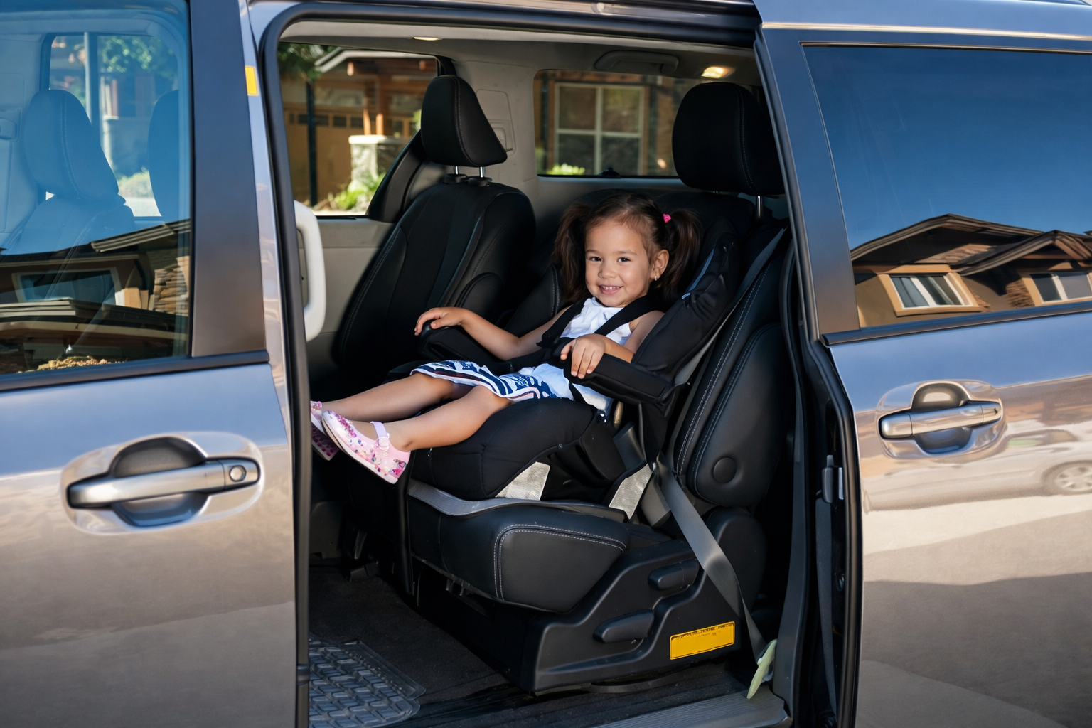 Enfant souriante installée dans un siège auto dans un van VTC à Paris